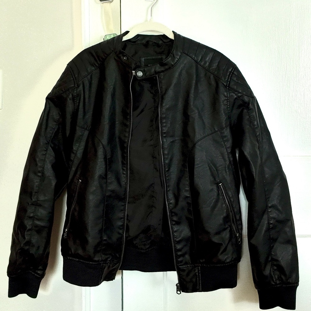 Men’s Italian black biker jacket - faux leather, men’s medium, mandarin collar
